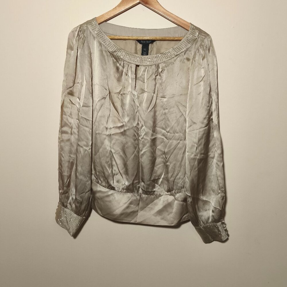 WHBM Rhinestone Satin Silk Keyhole Blouse Slit Sleeve sz 12 Champagne Glam Lux
